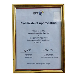 Certificate of Appreciation British Telecom